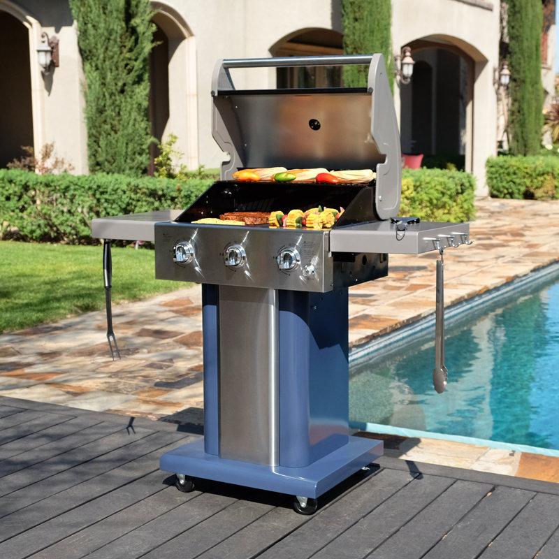 Permasteel 3Burner Compact Propane Gas Grill with Foldable Side Tables